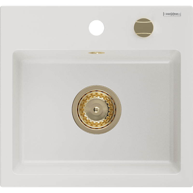 Mexen Milo évier en granit 1 bac 435 x 410 mm, blanc, siphon doré - 6505441000-20-G
