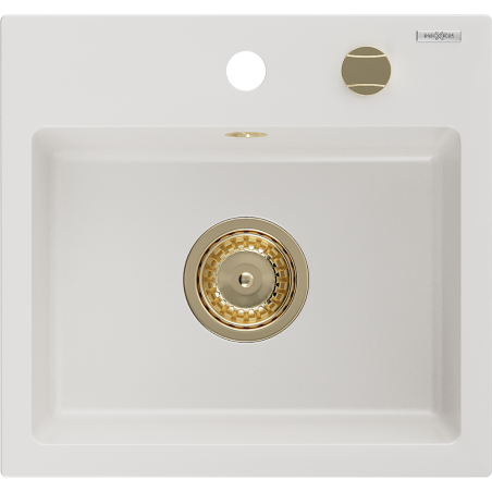 Mexen Milo évier en granit 1 bac 435 x 410 mm, blanc, siphon doré - 6505441000-20-G