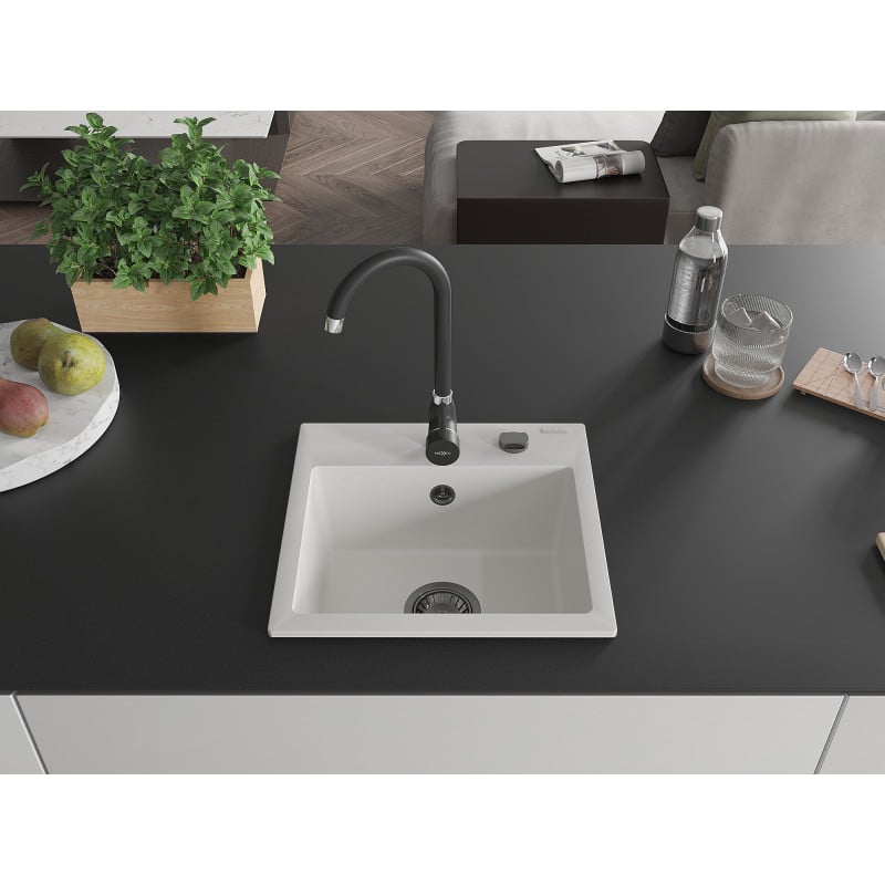 Mexen Milo évier en granit 1 bac 435 x 410 mm, blanc, siphon noir - 6505441000-20-B