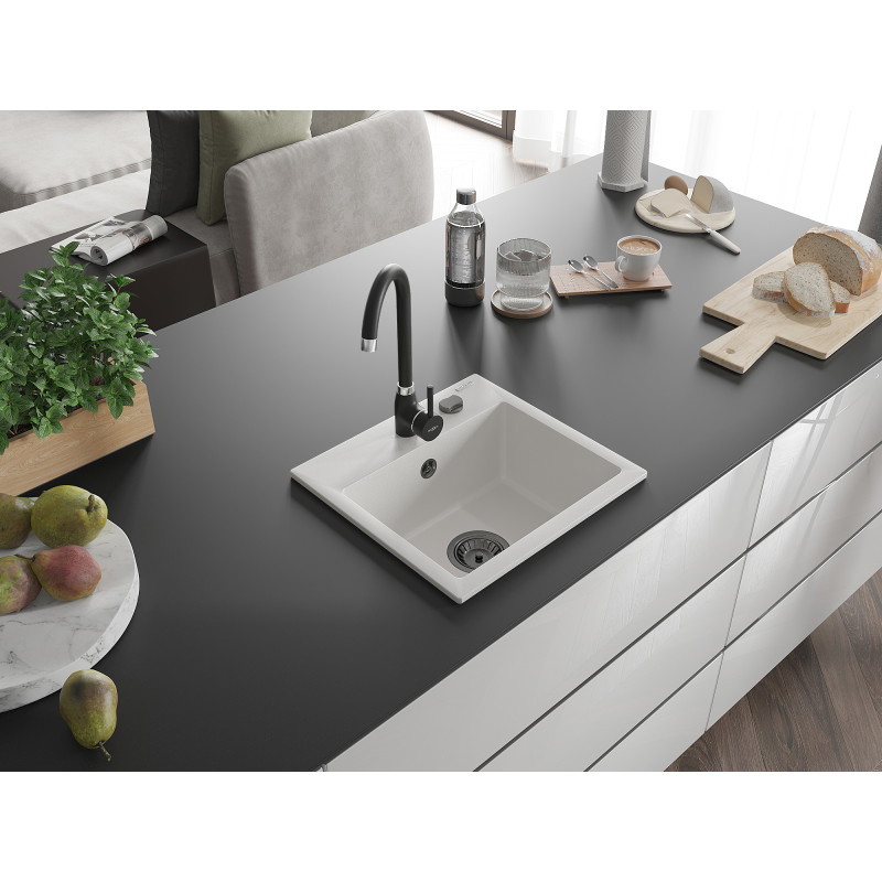 Mexen Milo évier en granit 1 bac 435 x 410 mm, blanc, siphon noir - 6505441000-20-B