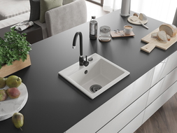 Mexen Milo évier en granit 1 bac 435 x 410 mm, blanc, siphon noir - 6505441000-20-B