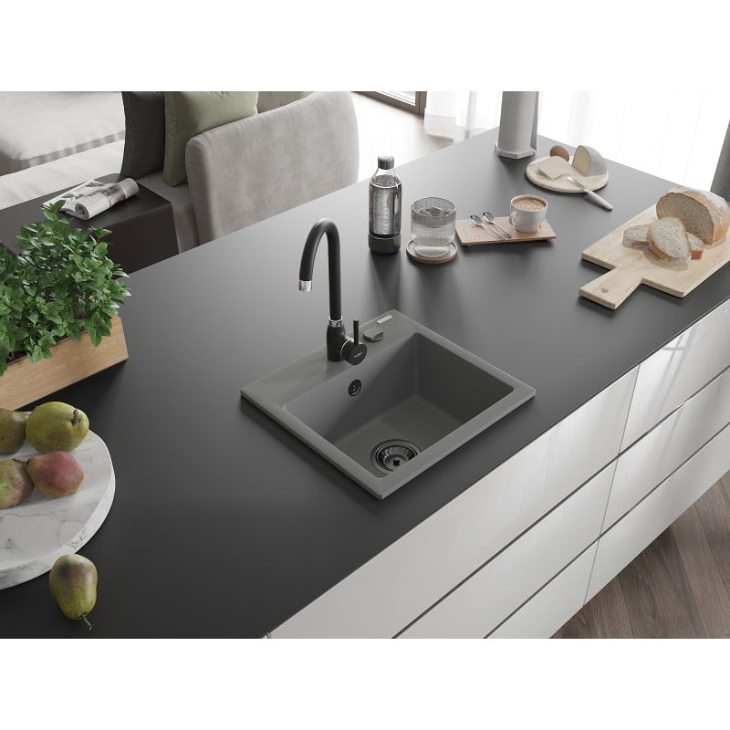 Mexen Milo évier en granit 1 bac 435 x 410 mm, gris, siphon noir - 6505441000-71-B