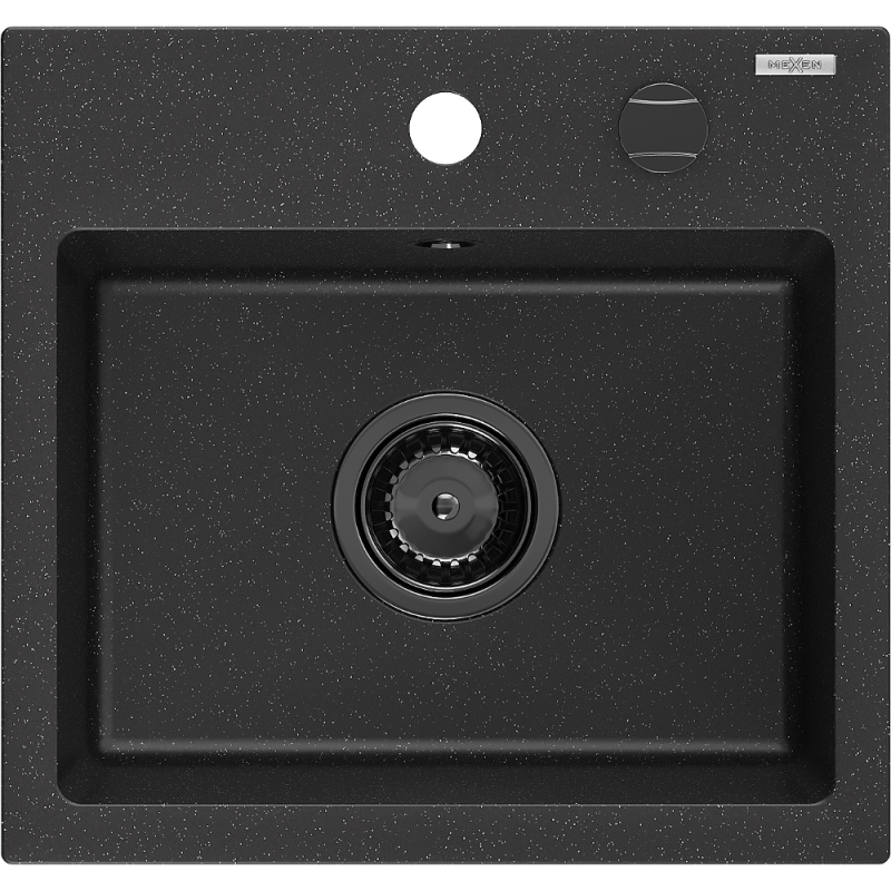 Mexen Milo évier en granit 1 bac 435 x 410 mm, noir/métallisé argent, siphon noir - 6505441000-73-B