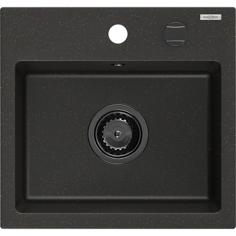 Mexen Milo évier en granit 1 bac 435 x 410 mm, noir/doré métallisé, siphon noir - 6505441000-75-B