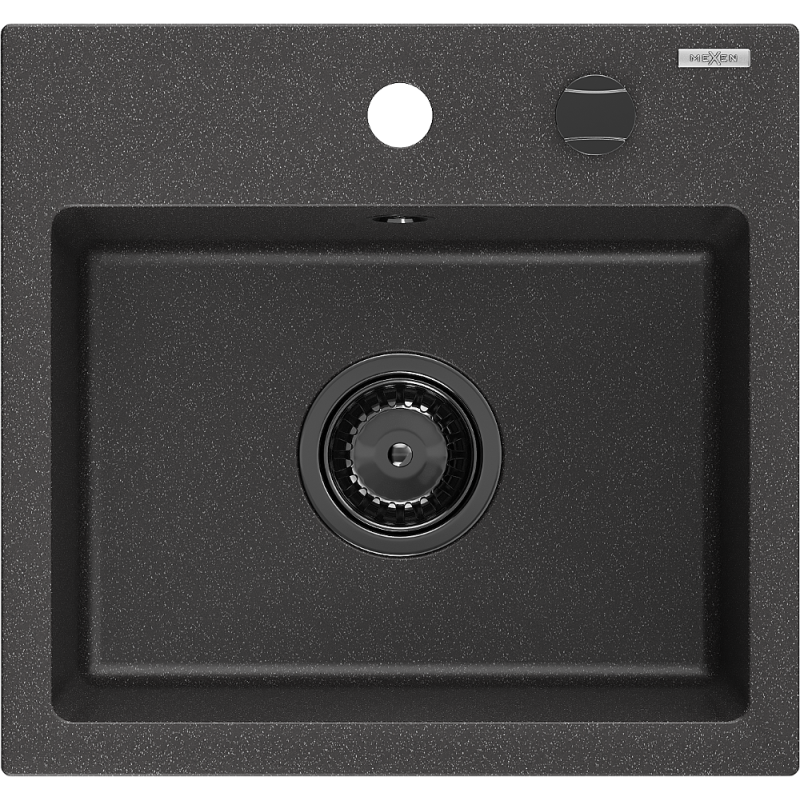 Mexen Milo évier en granit 1 bac 435 x 410 mm, noir moucheté, siphon noir - 6505441000-76-B