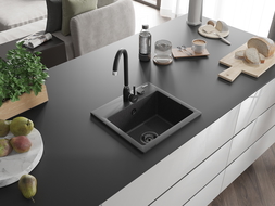 Mexen Milo évier en granit à 1 cuve 435 x 410 mm, Noir moucheté, siphon Noir - 6505441000-76-B