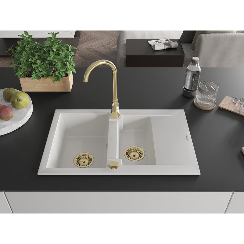 Mexen Gaspar évier en granit 1,5 bac avec drain 737 x 475 mm, blanc, siphon doré - 6507731505-20-G
