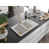 Mexen Gaspar évier en granit 1,5 bac avec égouttoir 737 x 475 mm, blanc, siphon doré - 6507731505-20-G