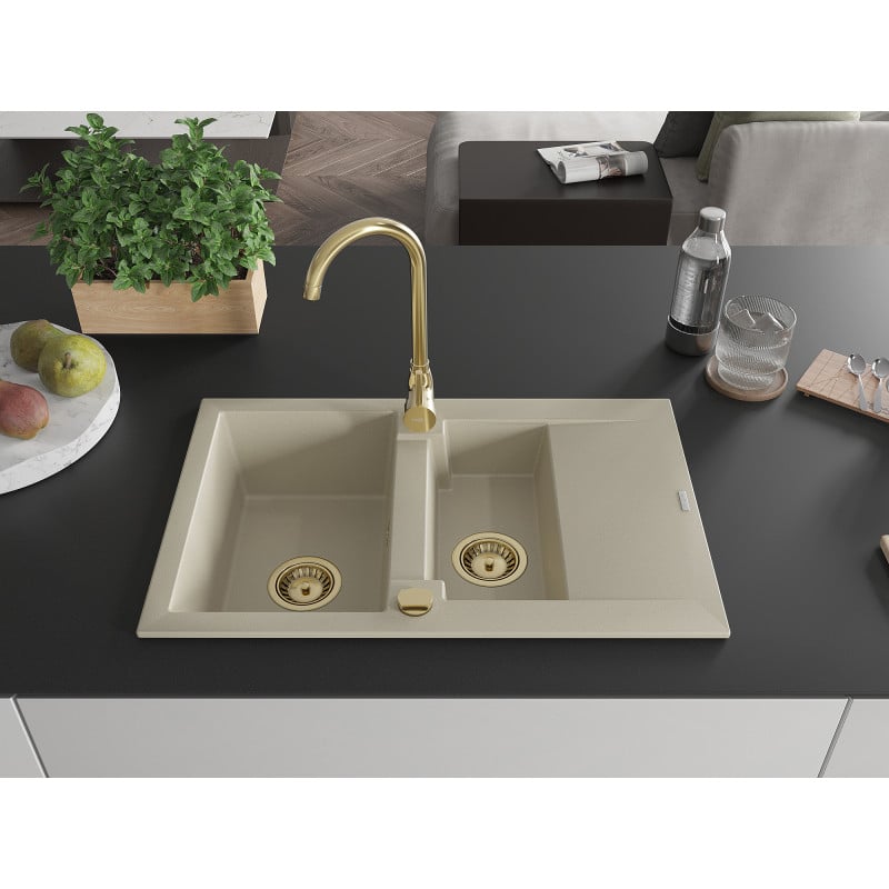 Mexen Gaspar évier en granit 1,5 bac avec égouttoir 737 x 475 mm, beige, siphon doré - 6507731505-69-G