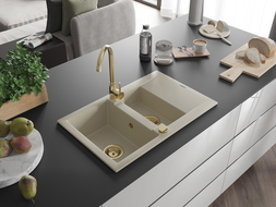 Mexen Gaspar évier en granit à 1,5 cuvette avec égouttoir 737 x 475 mm, Beige, siphon Or - 6507731505-69-G