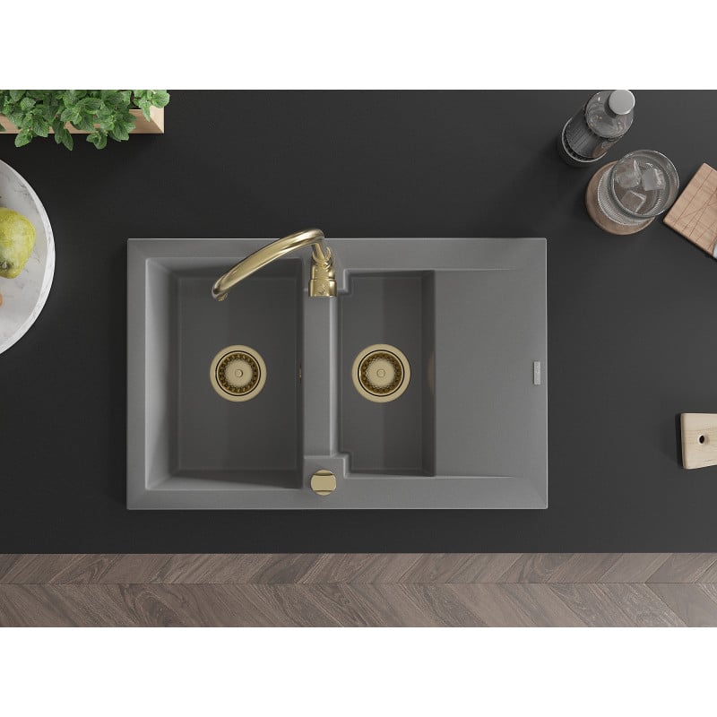 Mexen Gaspar évier en granit 1,5 bac avec égouttoir 737 x 475 mm, gris, siphon doré - 6507731505-71-G