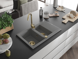 Mexen Gaspar évier en granit à 1,5 cuvette avec égouttoir 737 x 475 mm, Gris, siphon Or - 6507731505-71-G