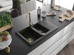Mexen Gaspar évier en granit à 1,5 cuvette avec égouttoir 737 x 475 mm, Noir/Or métallique, siphon Or - 6507731505-75-G