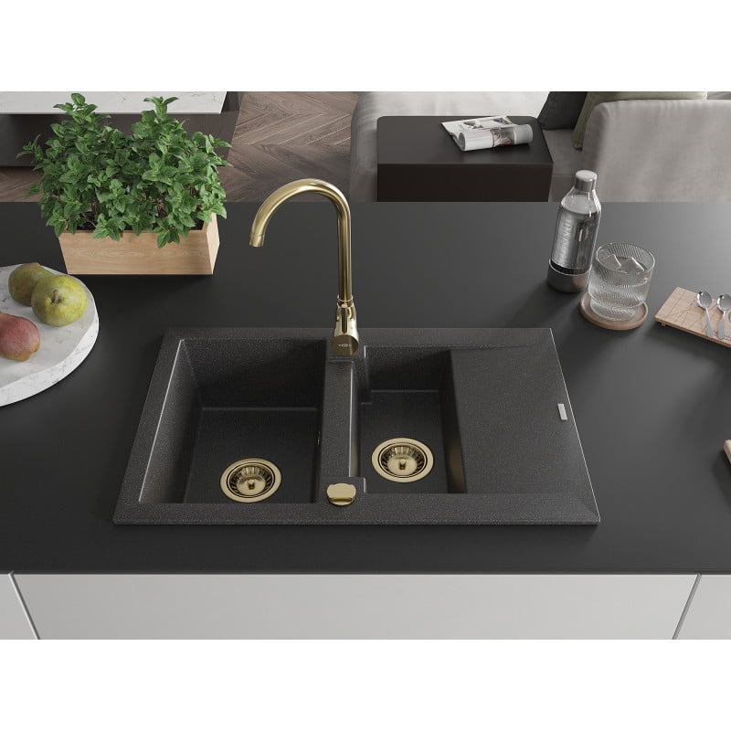 Mexen Gaspar évier granitique 1,5-bac avec égouttoir 737 x 475 mm, noir moucheté, siphon doré - 6507731505-76-G