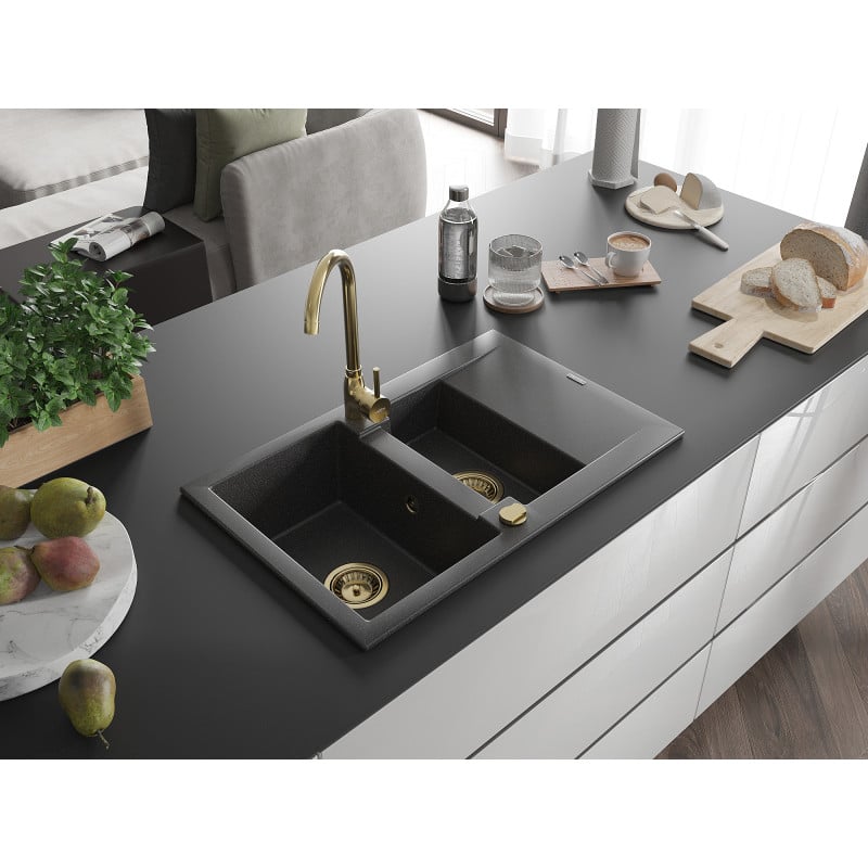 Mexen Gaspar évier granitique 1,5-bac avec égouttoir 737 x 475 mm, noir moucheté, siphon doré - 6507731505-76-G