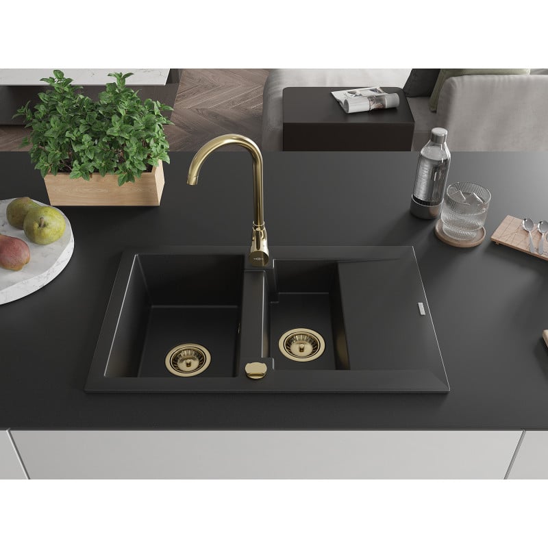 Mexen Gaspar évier en granit 1,5 bac avec égouttoir 737 x 475 mm, noir, siphon doré - 6507731505-77-G