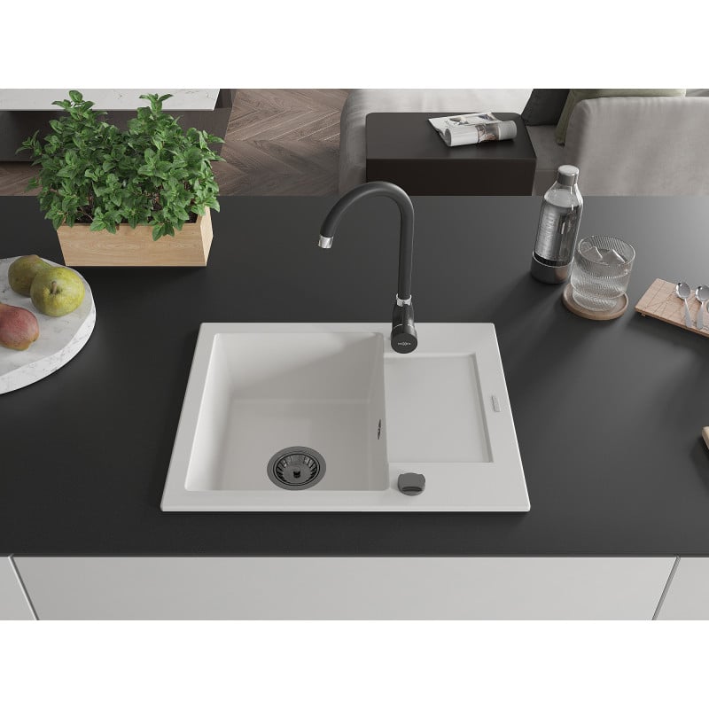 Mexen Enzo évier en granit 1 bac avec égouttoir 576 x 465 mm, blanc, siphon noir - 6506571005-20-B
