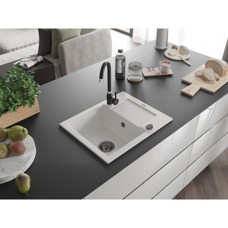 Mexen Enzo évier en granit 1 bac avec égouttoir 576 x 465 mm, blanc, siphon noir - 6506571005-20-B