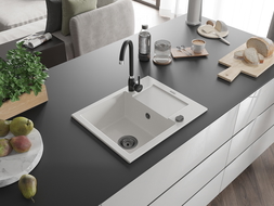 Mexen Enzo évier en granit à 1 cuve avec égouttoir 576 x 465 mm, Blanc, siphon Noir - 6506571005-20-B