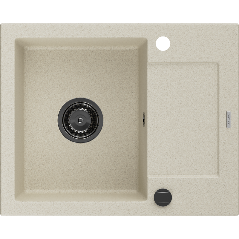 Mexen Enzo évier en granit à 1 cuve avec égouttoir 576 x 465 mm, Beige, siphon Noir - 6506571005-69-B
