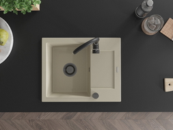 Mexen Enzo évier en granit 1 bac avec égouttoir 576 x 465 mm, beige, siphon noir - 6506571005-69-B