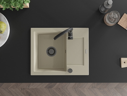 Mexen Enzo évier en granit à 1 cuve avec égouttoir 576 x 465 mm, Beige, siphon Noir - 6506571005-69-B