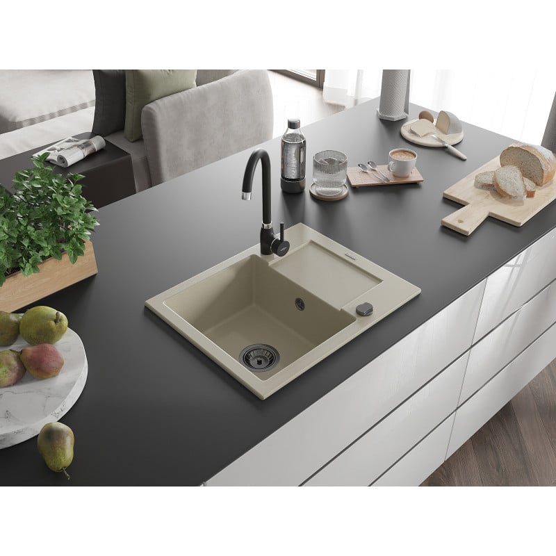 Mexen Enzo évier en granit 1 bac avec égouttoir 576 x 465 mm, beige, siphon noir - 6506571005-69-B