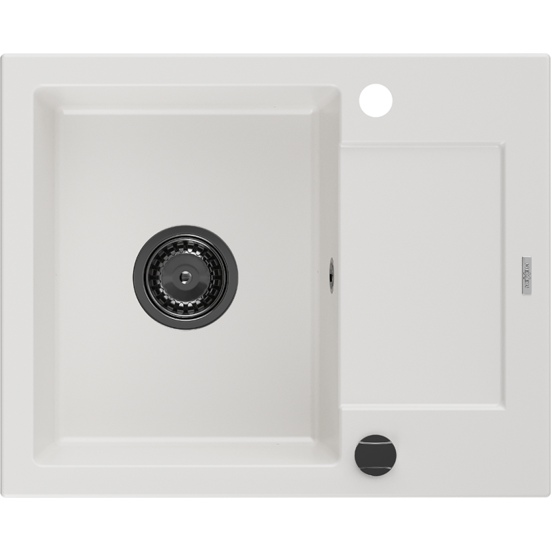 Mexen Enzo évier en granit 1 bac avec égouttoir 576 x 465 mm, blanc, siphon noir - 6506571005-20-B