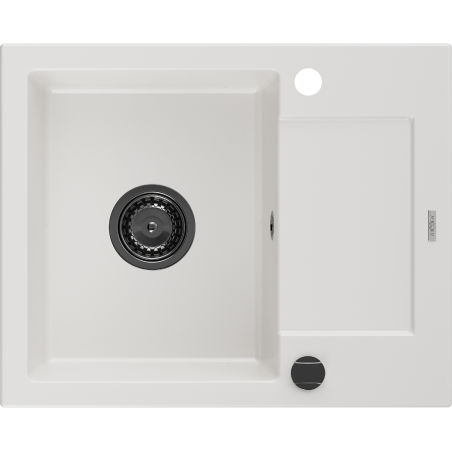 Mexen Enzo évier en granit 1 bac avec égouttoir 576 x 465 mm, blanc, siphon noir - 6506571005-20-B