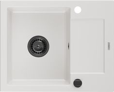 Mexen Enzo évier en granit à 1 cuve avec égouttoir 576 x 465 mm, Blanc, siphon Noir - 6506571005-20-B