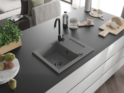 Mexen Enzo évier en granit à 1 bac avec égouttoir 576 x 465 mm, gris, siphon noir - 6506571005-71-B
