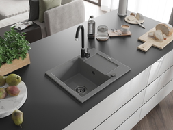 Mexen Enzo évier en granit à 1 cuve avec égouttoir 576 x 465 mm, Gris, siphon Noir - 6506571005-71-B