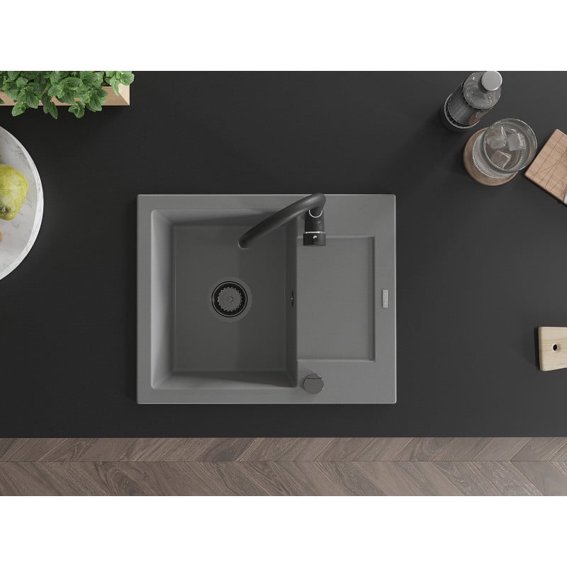 Mexen Enzo évier en granit 1 bac avec égouttoir 576 x 465 mm, gris, siphon noir - 6506571005-71-B