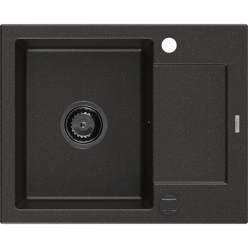 Mexen Enzo évier en granit 1 bac avec égouttoir 576 x 465 mm, noir/doré métallisé, siphon noir - 6506571005-75-B