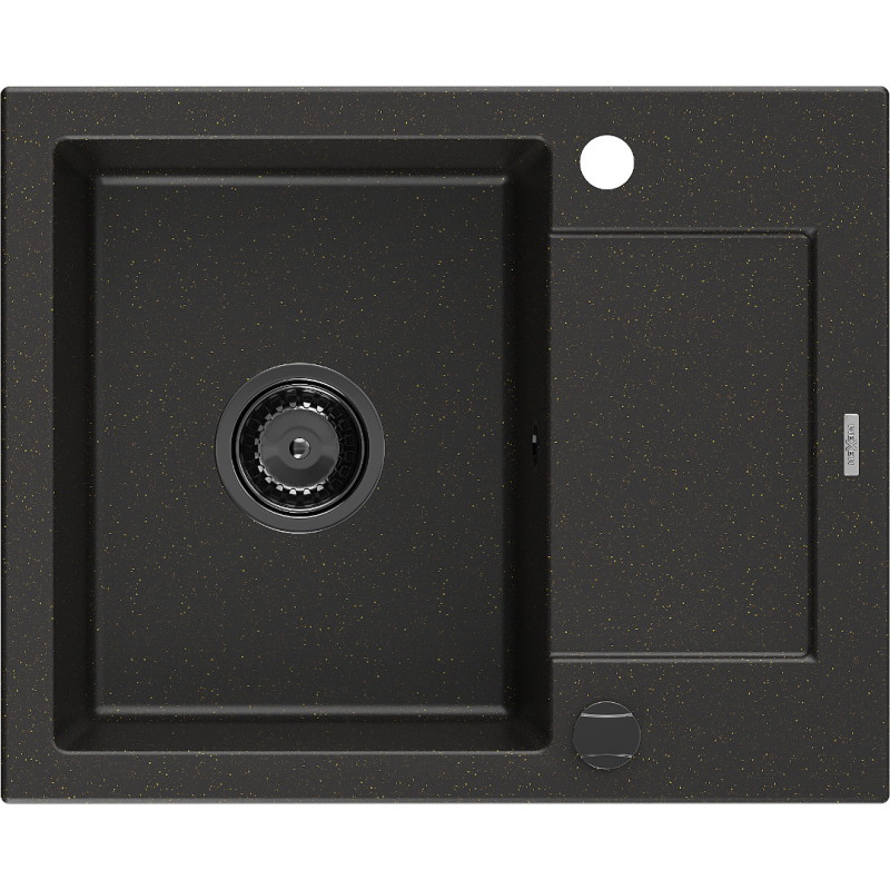 Mexen Enzo évier en granit à 1 bac avec égouttoir 576 x 465 mm, noir/or métallique, siphon noir - 6506571005-75-B