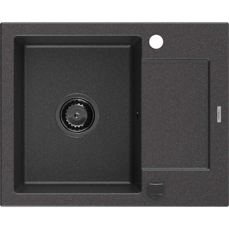 Mexen Enzo évier en granit 1 bac avec égouttoir 576 x 465 mm, noir moucheté, siphon noir - 6506571005-76-B
