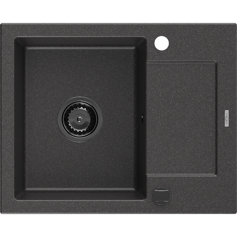 Mexen Enzo évier en granit à 1 cuve avec égouttoir 576 x 465 mm, Noir moucheté, siphon Noir - 6506571005-76-B