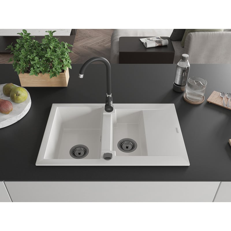 Mexen Gaspar évier en granit 1,5 bac avec égouttoir 737 x 475 mm, blanc, siphon noir - 6507731505-20-B