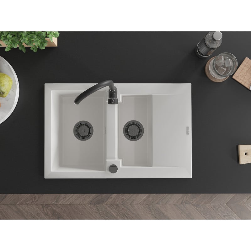 Mexen Gaspar évier en granit 1,5 bac avec égouttoir 737 x 475 mm, blanc, siphon noir - 6507731505-20-B