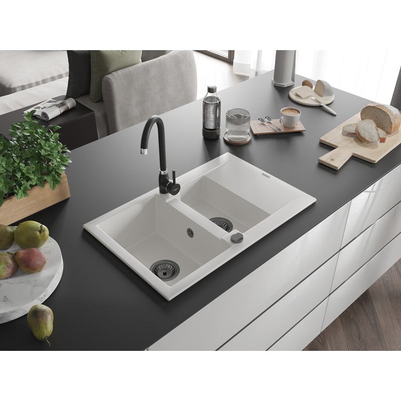 Mexen Gaspar évier en granit 1,5 bac avec égouttoir 737 x 475 mm, blanc, siphon noir - 6507731505-20-B
