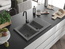 Mexen Gaspar évier en granit à 1,5 cuvette avec égouttoir 737 x 475 mm, Gris, siphon Noir - 6507731505-71-B