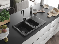 Mexen Gaspar évier en granit à 1,5 cuvette avec égouttoir 737 x 475 mm, Noir moucheté, siphon Noir - 6507731505-76-B