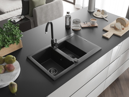 Mexen Gaspar évier en granit à 1,5 cuvette avec égouttoir 737 x 475 mm, Noir, siphon Noir - 6507731505-77-B