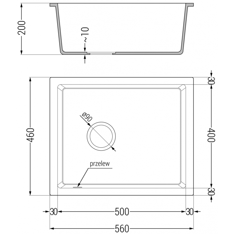 Mexen Pedro évier en granit 1 bac 560 x 460 mm, noir/métallisé argent, siphon noir - 6508561000-73-B