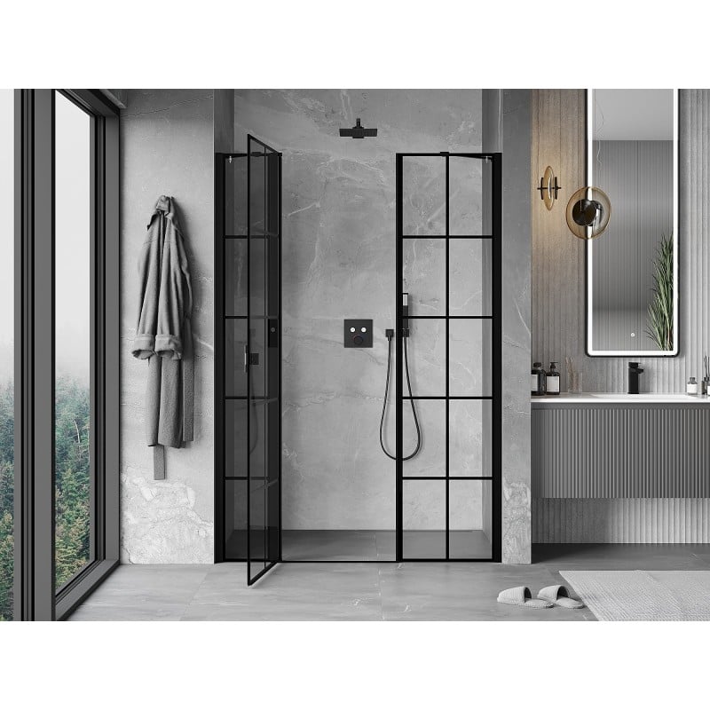 Mexen Mist porte de douche pivotante gauche 140 cm, grille noire, noir - 8A4-140-001-70-77-L