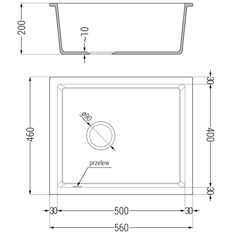 Mexen Pedro évier de cuisine en granit 1 bac 560 x 460 mm, noir, siphon noir - 6508561000-77-B