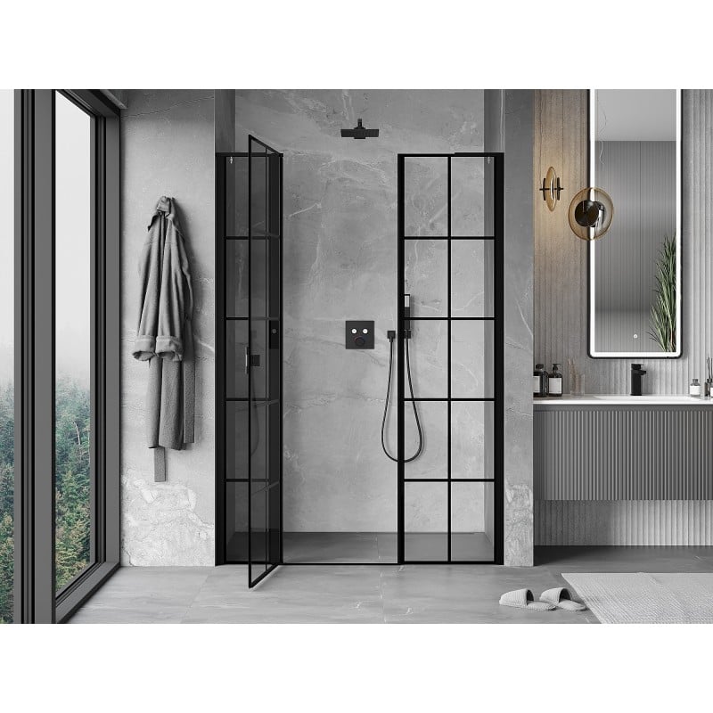 Mexen Mist L porte de douche pivotante gauche 145 cm, grille noire, noir - 8A4L-145-001-70-77-L