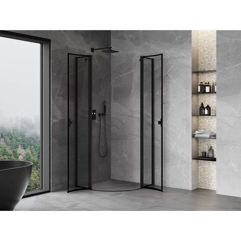 Mexen Mist cabine de douche semi-circulaire pivotante 90 x 90 cm, cadre noir, noir - 8A32-090-090-70-70