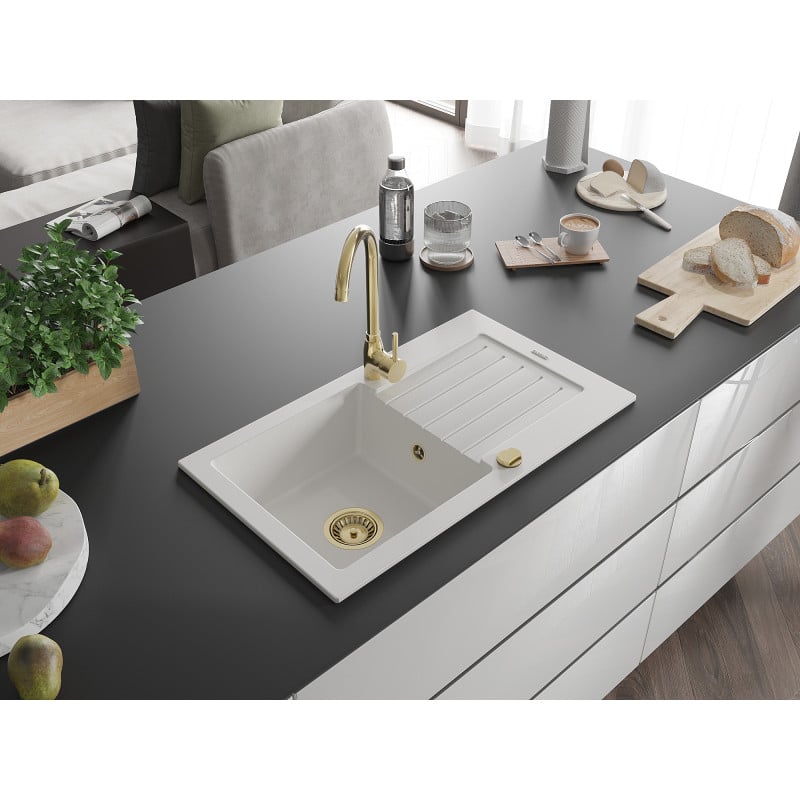 Mexen Pablo évier en granit à 1 bac avec égouttoir 752 x 436 mm, blanc, siphon doré - 6510751010-20-G