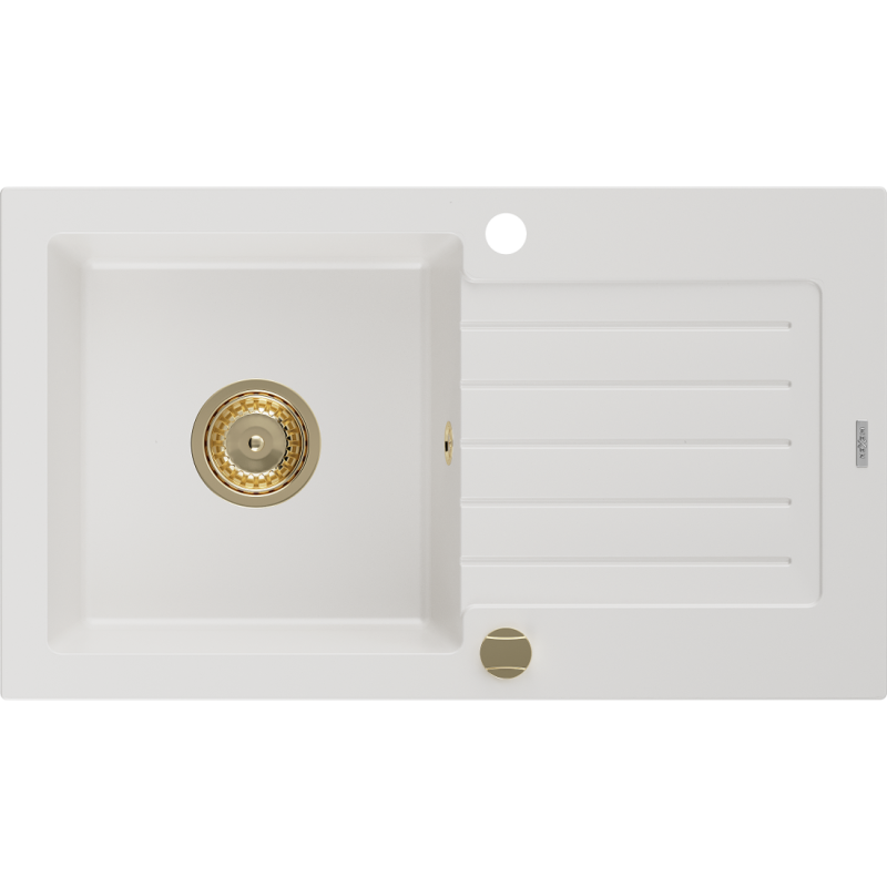 Mexen Pablo évier en granit 1 bac avec égouttoir 752 x 436 mm, blanc, siphon doré - 6510751010-20-G